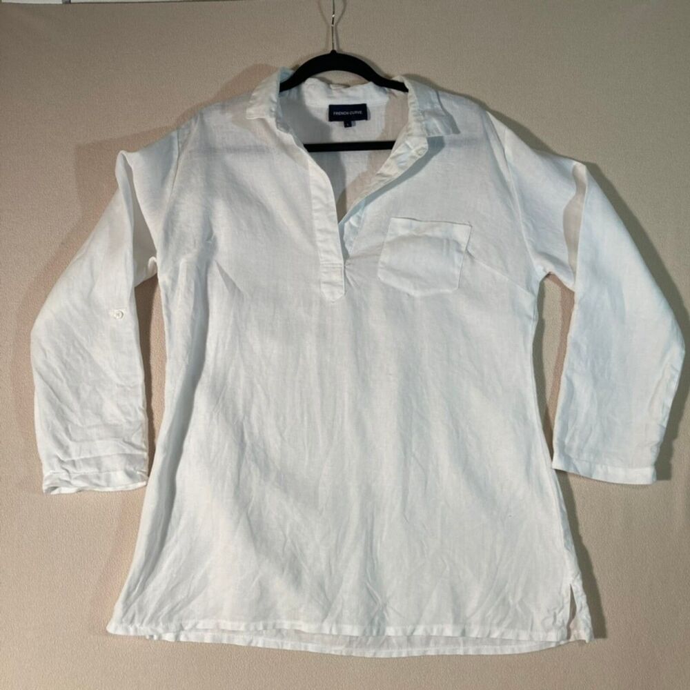 French Curve Top Women L White Linen Tunic Roll Tab Sleeve Resort Wear Comfort